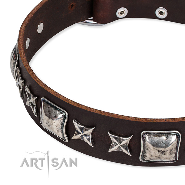 Leather dog collar with decorations for comfy wearing