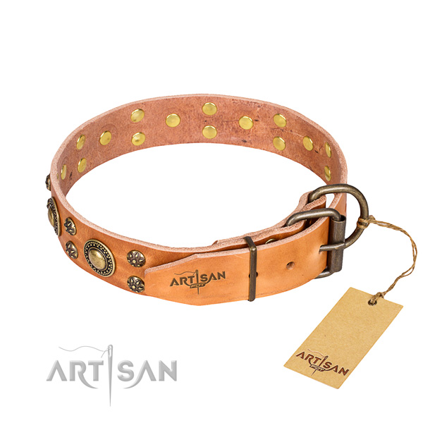Stylish walking natural genuine leather collar with adornments for your doggie