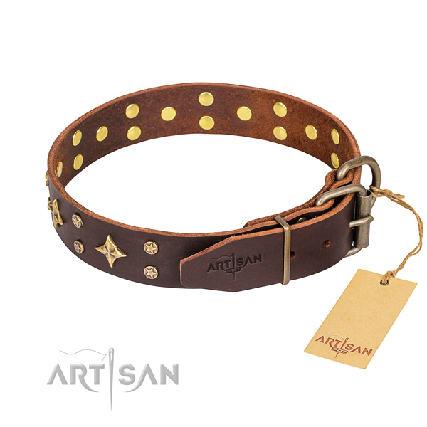 Daily use full grain genuine leather collar with decorations for your doggie