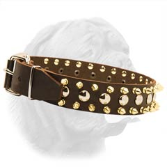 Wide Leather Neck-Protective Collar for French Mastiff with Spikes and Studs