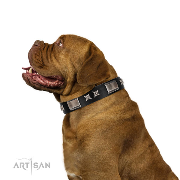 Handy use quality natural leather dog collar with adornments