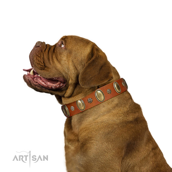 Handy use soft to touch leather dog collar with adornments