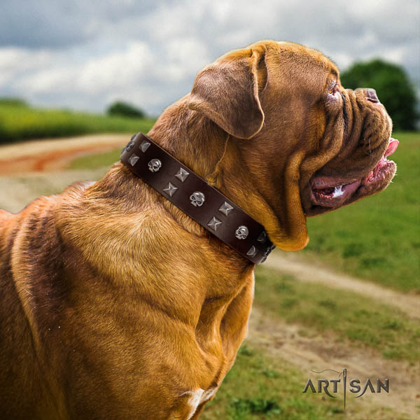 Dogue de Bordeaux stylish design genuine leather dog collar