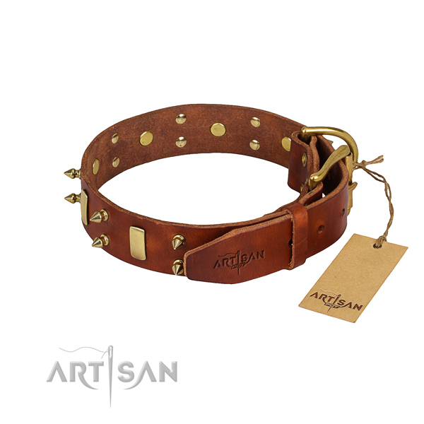 Full grain natural leather dog collar with worked out leather surface