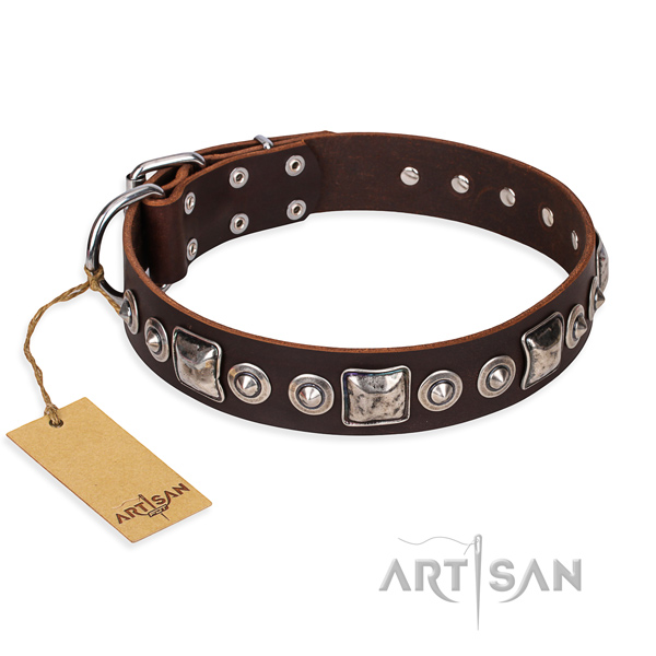 Full grain natural leather dog collar made of reliable material with rust-proof D-ring