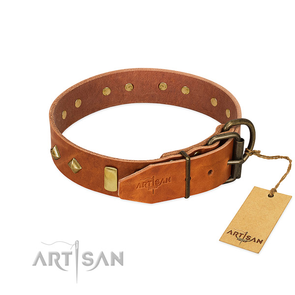 Comfortable wearing full grain genuine leather dog collar with designer decorations
