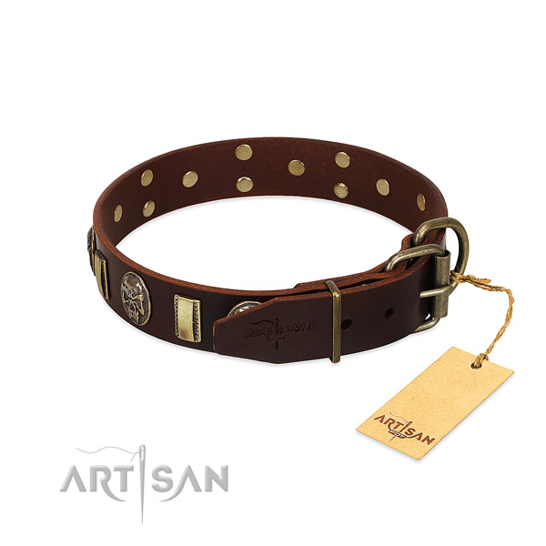 Genuine leather dog collar with corrosion proof D-ring and embellishments
