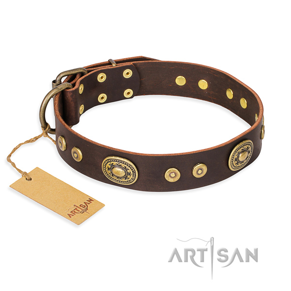 Full grain natural leather dog collar made of reliable material with corrosion proof hardware