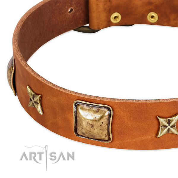Rust-proof D-ring on full grain genuine leather dog collar for your doggie