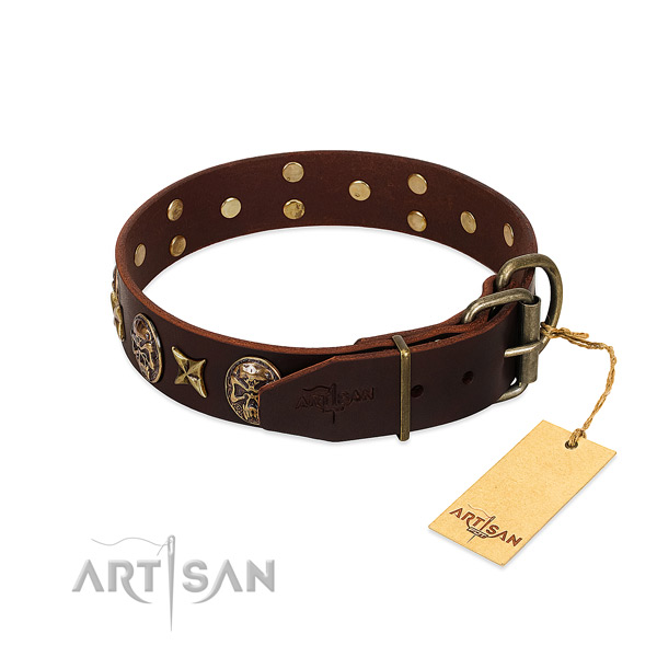 Full grain leather dog collar with strong traditional buckle and embellishments