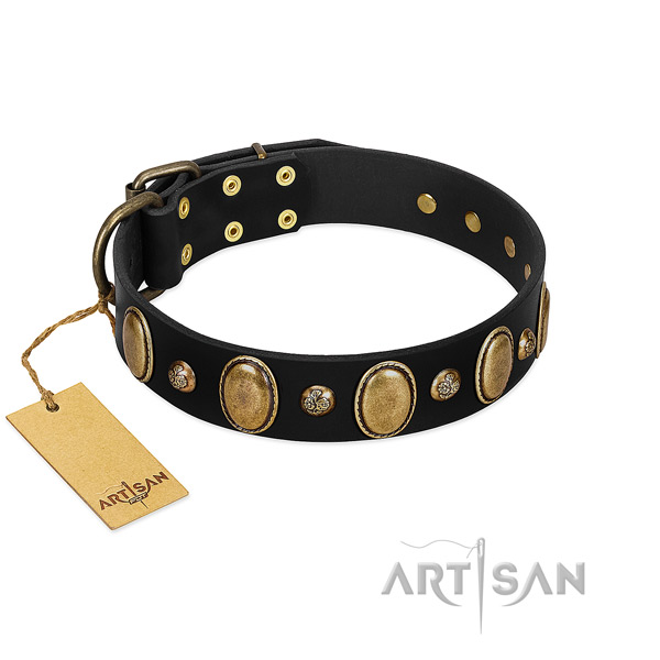 Full grain natural leather dog collar of soft to touch material with inimitable embellishments