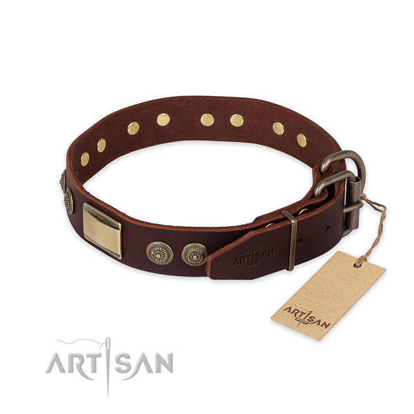 Rust resistant fittings on full grain natural leather collar for basic training your pet