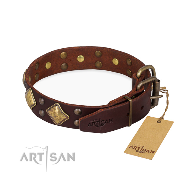 Natural leather dog collar with unique rust-proof decorations
