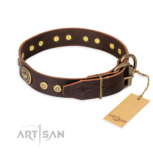 Full grain natural leather dog collar made of high quality material with strong decorations