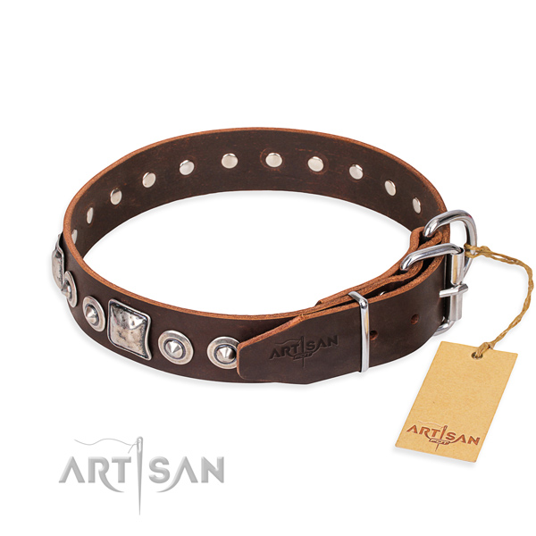 Full grain leather dog collar made of best quality material with corrosion resistant decorations