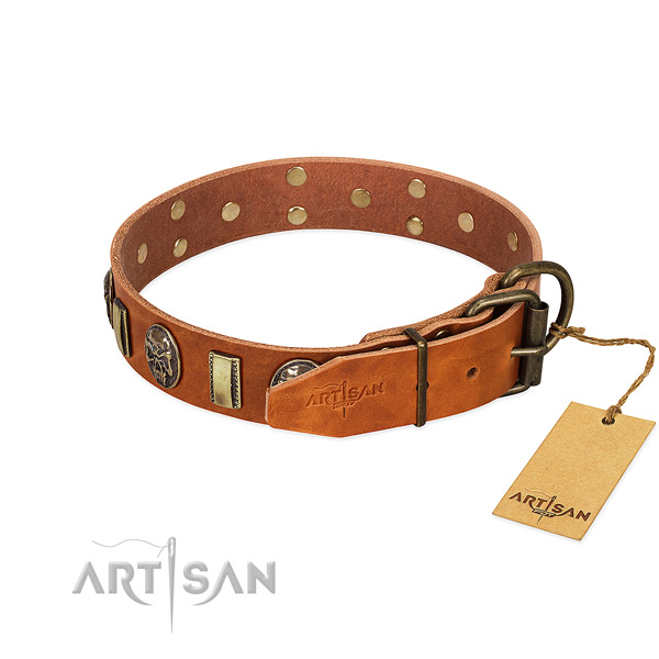Full grain genuine leather dog collar with rust resistant D-ring and embellishments
