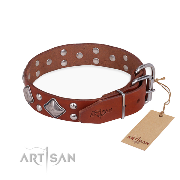 Genuine leather dog collar with stunning rust resistant adornments