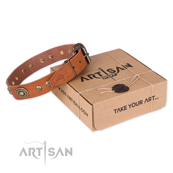 Reliable traditional buckle on full grain natural leather dog collar for easy wearing