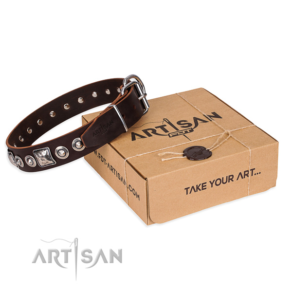 Full grain genuine leather dog collar made of flexible material with strong fittings