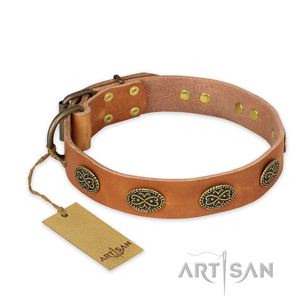 Embellished natural genuine leather dog collar with reliable fittings