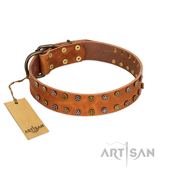 Comfy wearing flexible full grain natural leather dog collar with embellishments